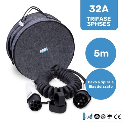 Cavo di ricarica Tipo 2 a spirale (a molla) per auto elettriche 32A trifase 22 kW – 5 m