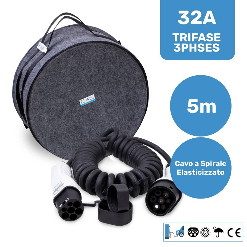 Cavo di ricarica Tipo 2 a spirale (a molla) per auto elettriche 32A trifase 22 kW – 5 m