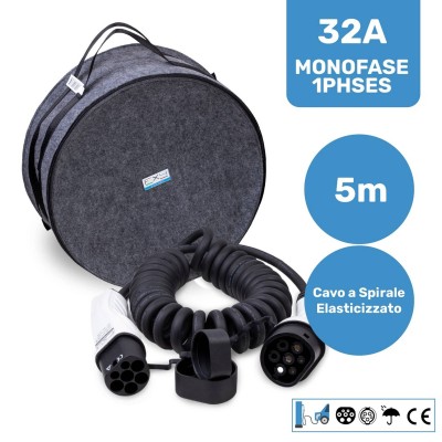 Cavo di ricarica Tipo 2 a spirale (a molla) per auto elettriche 32A monofase 7,4 kW – 5 m