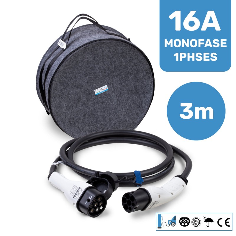 Cavo di ricarica Tipo 2 per auto elettriche 16A monofase 3,7 kW – 3 m, senza borsa