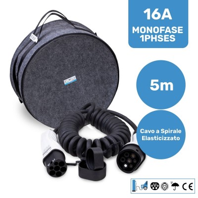Cavo di ricarica Tipo 2 a spirale (a molla) per auto elettriche 16A monofase 3,7 kW – 5 m