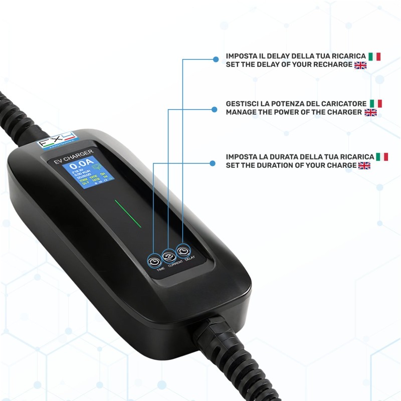 Caricatore portatile Tipo 2 monofase 3,5 kW con avvio ritardato – wallbox portatile, stazione di ricarica per auto elettriche – 