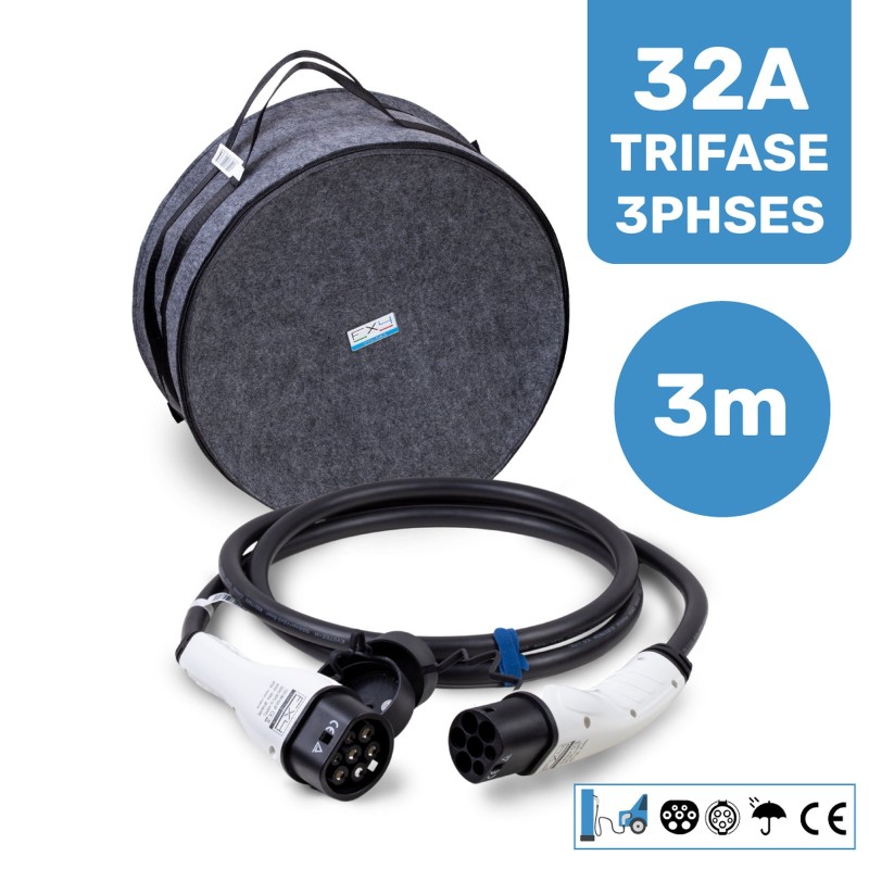 Cavo di ricarica Tipo 2 per auto elettriche 32A trifase 22 kW – 3 m